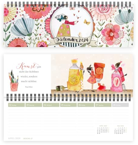 Tischkalender 2024 Quer als Wochenplaner I Wochenkalender für Büro oder Zuhause, mit Wochennummern, Feiertagen und inspirierenden Lebensweisheiten, Design mit Elfen und Blumen von Silke Leffler