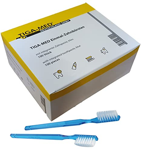 TIGA-MED Einmal-Zahnbürsten mit Zahnpasta | sofort gebrauchsfertig | blau | 15 cm | einzeln verpackt | mittlere Borstenhärte | ideal für Klinik, Pflege, Reisen & Notfälle (500)