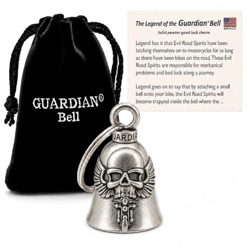 Guardian Bell Campanella portafortuna con portachiavi e sacchetto in velluto nero, motivo Ghost rider, per moto, in peltro, senza piombo, realizzata in USA