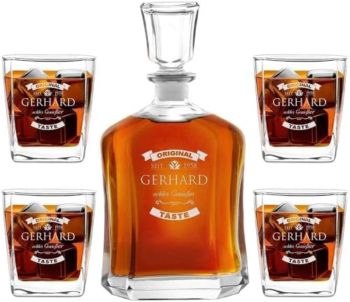 Maverton Whiskey Karaffe + 4 / 6er Whiskygläser Set mit Gravur - 700ml Whisky Dekanter - Geschenk zum Geburtstag für Männer - echter Genießer