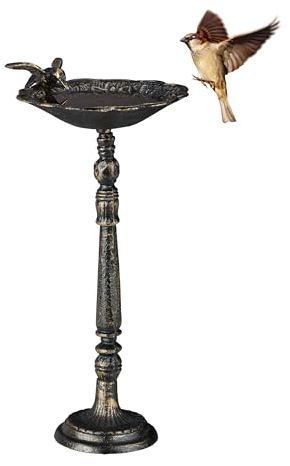 Relaxdays Vogeltränke Gusseisen, Gartendeko antiker Stil, Vogelfutterstelle für Wildvögel, stehend, 40 cm hoch, bronze