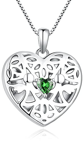 FJ Herz Foto Medaillon Anhänger Halskette Schutzengel Kette Damen 925 Sterling Silber Bilder Memory Medaillon Kette mit Mai Geburtsstein Smaragd Schmuck Geschenke für Frauen Mädchen