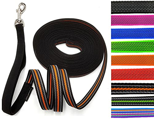 Schleppleine gummiert MIT RUCKDÄMPFER 1m - 30m / 20mm breit/für mittlere und große Hunde MIT/OHNE Handschlaufe (5m MIT Handschlaufe, Schwarz-Ornage gummiert)
