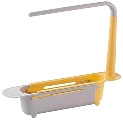 Telescopic Sink Storage Rack - 2022 Updated Length Adjustable Sink Organizer, Expandable Sink Storage Holder with Drain Basket, Kitchen Sink Drainer Drying Rack Sponge Brush Holder Tray (Yellow)