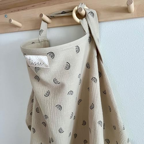 TISU Stillbezug zum Stillen und Pumpen von Babys, vielseitig verwendbar, für Autositz, atmungsaktiv, weiche Bio-Musselin-Baumwolle, Stillschürze und Schal, Pastellfarben (Beige/Regenbogen)