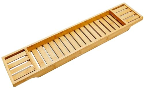 Almineez Luxury Bamboo Wood Bath Tub Caddy Rack Tray, Water Resistant Bathroom Shelf Tidy Tray Storage Shelf Organiser (Natural)