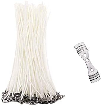 JCKD 100pcs mechas para Velas de algodón Blanco con 1pcs 3 Agujeros Porta mechas de Metal, Juego de mechas para Velas Naturales, mechas duraderas para Sus Manualidades de Velas DIY (15 cm)
