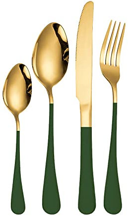 16-Piece Modern Kitchen Silverware Tableware Set Service for 4 People,18/10 Stainless Steel Flatware Set,Titanium Plated Steak Knife Fork Spoon Tea Spoon Gift Box Cutlery Sets (Dark Green Gold)