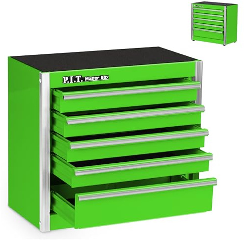P.I.T. Mini Green Tool Box, Portable 5-Drawer Micro Roll Cab Steel Tool Box with Liner, Green Small Tool Case for Tools Storage, Home DIY