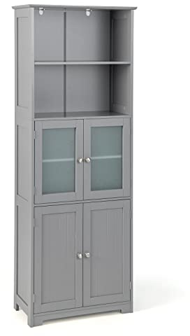 COSTWAY Bathroom Tall Cabinet, Freestanding Storage Cupboard with Tempered Glass Door and Open/Adjustable Shelves, Wooden High Floor Storage Cabinet for Living Room Kitchen Hallway (Grey)