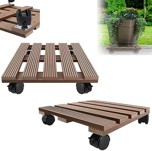 XMTECH 2x WPC-Pflanzenroller 100 kg Tragkraft, Pflanzenroller & Blumenroller 30x30cm für Außenbereich + Innenbereich, Rollbrett Pflanzen, Untersetzer mit Rollen, Quadratisch, Braun