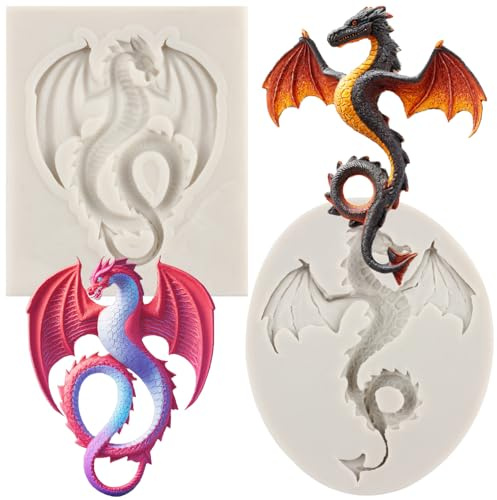 MYPRACS Flying Dragon - Juego de 2 moldes de silicona para fondant | Decoración para tartas, magdalenas, galletas, chocolate, caramelos, arcilla polimérica, pasta de goma