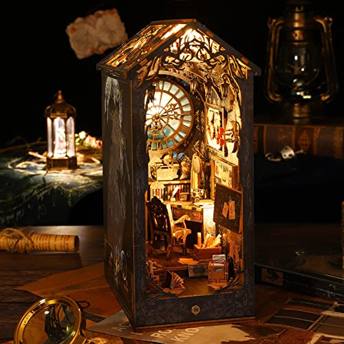 JTWEB Book Nook DIY Kit,DIY Puppenhäuser Miniatur Haus Kit,mit Möbeln und LED-Licht, Buchstützen aus Holz,Modell Kits für Erwachsene zu Bauen Geschenke