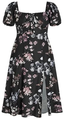 CIDER Women's Plus Size Dress Floral Fruit Square Neck Puff Sleeve Split Sun Dress Summer Midi Dresses Vacation Outfits, Carbon, 3X