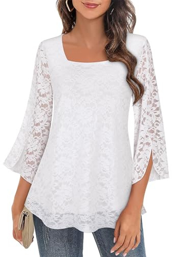 Syphiby Camicette da Donna con Ruffle, Maniche a 3/4, Top a Tunica, Scollo Quadrato, in Chiffon, a Doppio Strato, con Rete, Taglia M-3XL, Pizzo bianco., M