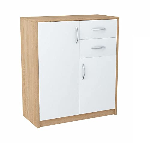 Meblando allzweckschrank 74 x 35 x 85 cm, kommode weiß und Eiche, mehrzweckschrank- aktenschrank oder Flur möbel, kommode mit schubladen 74 cm breit, komodenschrank