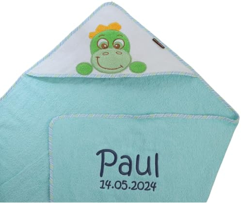 BotoBaby® Kapuzentuch mit Namen Bestickt Handtuch MIT Kapuze ★ 100% Baumwolle ★100x100 cm ★ 75x75 cm ★ Geschenk ★ Geburt ★ Taufe ★ (Türkis - Dino, 100 x 100 cm)