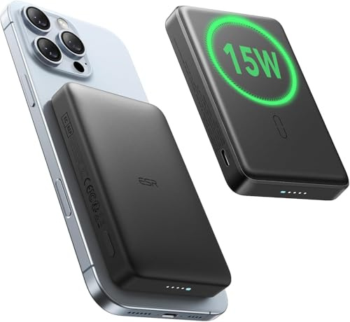 ESR Pack de Batterie MagSafe Certifié 15 W,Chargeur Portable à Charge Rapide 10 000 mAh 15 W,Banque Externe Ultra-compacte,Chargeur MagSafe avec Câble USB-C pour iPhone 17/16/15/14/13/12, Noir