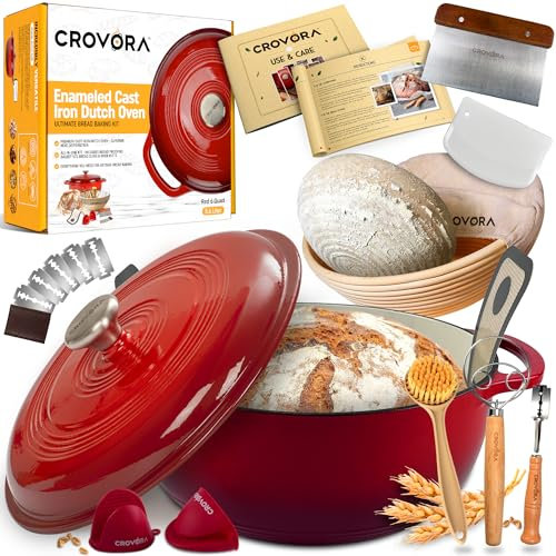 Crovora 6 Quart Enameled Cast Iron Dutch Oven Pot with Lid + 10 Banneton Bread Proofing Basket set + Silicone Bread Sling, Dutch Oven for Bread Baking & Cooking with Dual Handles (Red)