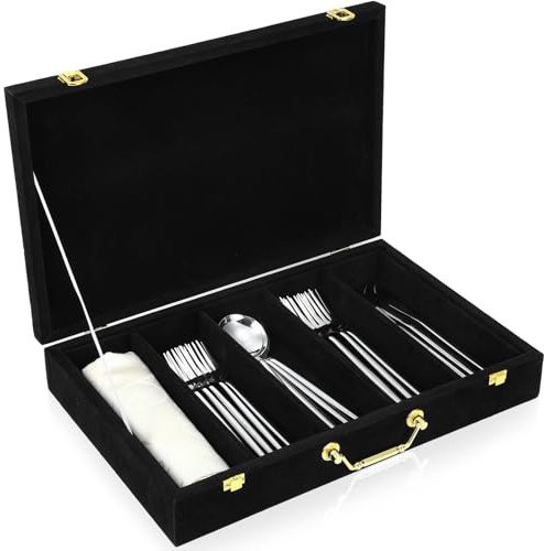 Pickmesh Silverware Case with Lid and Handle, Silverware Storage Box Sterling Silver Flatware Chest Without Silver Tarnish Proof Utensils Organizer for Kitchen Decor Wedding Gifts(Black,1 Layer)