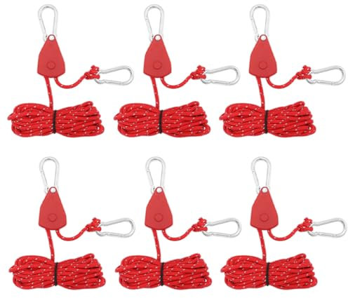 Kellegour 6 Stück Reflektierend Abspannseile,Seil Ratsche Kleiderbügel Aufhänger,4mm Seil Ratsche mit Haken,Rope Seilratsche mit Haken,für Zelten,Ventilatoren,Pflanzenleuchten(Rot,13.12ft/4M)