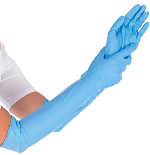 FRANZ MENSCH 50 Stück, Nitrilhandschuhe, L, blau, 50cm, Nitril, extra lang | Extra Safe Superlong, puderfrei, latexfrei, Packung, Schutzhandschuhe, Chemie, Mechanik, disposable gloves