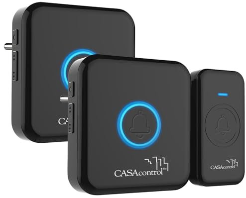 CASAcontrol Funkgong: Funk-Klingel-Taster & 2Steckdosen-Empfänger, 64Melodien, IP56, schwarz (Funkklingel für Gehörlose, Funkklingel mit Licht, Türklingelverstärker)