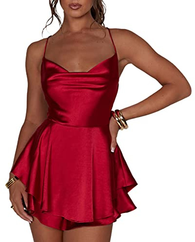 SYHVGI Women Satin Mini Dress Sleeveless Ruffle Layered Jumpsuits Cross Tie-Up Playsuits Backless Cami Romper (Red, M)