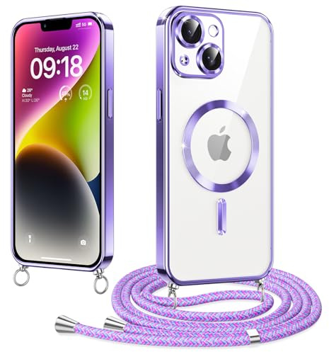 Woijrly Magnetische Handyband mit Band für iPhone 14 Hülle, [Kompatibel mit Magsafe] Handyhülle Case mit justierbarer Schnur Abnehmbar Strap, Crossbody Schutzhülle zum Umhängen Kordel, Lila