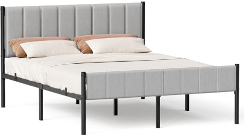 VASAGLE Struttura Letto Matrimoniale, 160 x 200 cm, con Testiera Imbottita, Telaio del Letto, Doghe in Acciaio, Regge fino a 500 kg, Montaggio Facile, Grigio Tortora RMB975G01
