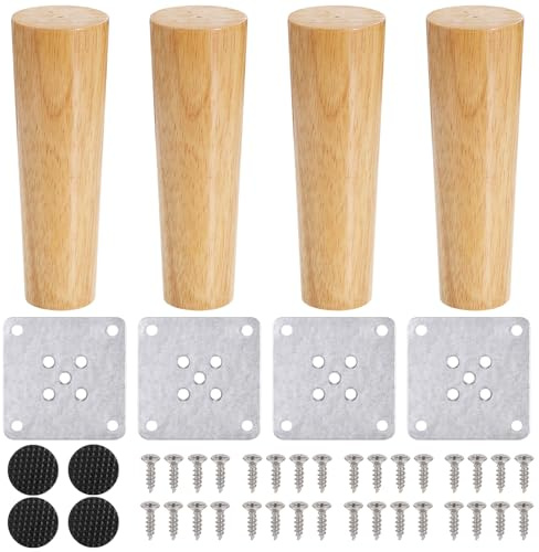 Zocipro 4 Stück Möbelfüße Holz, 15cm Konisch Eiche Holzfüße für Möbel, Möbelbeine, Schrankfüsse, Sofa Füße, Möbelfüsse mit Montageplatten für Stühle und Sofa Bett Schrank Couch