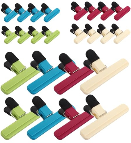 YOUNTHYE Lot de 24 pinces à sachets pour le stockage des aliments, 4 couleurs, 2 tailles, 8 grands et 16 petits clips en plastique pour sacs alimentaires, pinces réutilisables pour sacs à frites