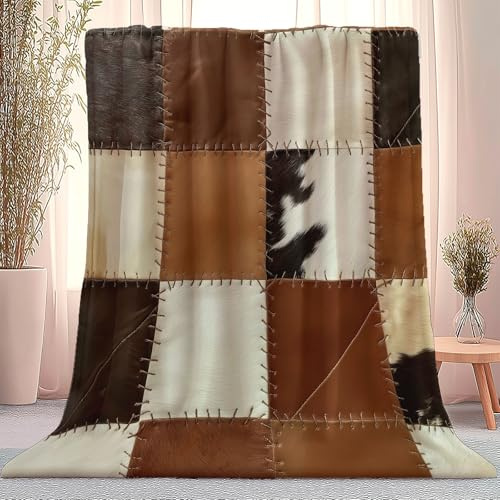 Manta 130 X 150 Cm Patchwork Cuero Vintage Marrón Blanco Doble Cara Fleece Suave Y Sherpa Flocoso, Ultra Calienté Y Confortable – Ideal para Cama, Sofá, Camper, Balcón & Viajes – Lavable En Máquina