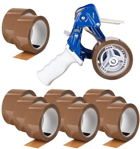 BOXXtape Premium braun 12 Rollen + Profi Handabroller für Klebebänder bis 50 mm Bandbreite | Sicherheitsmesser