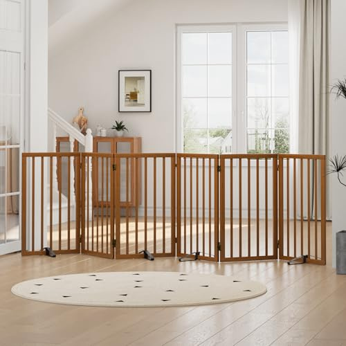 Große Hundegitter für Türen, faltbares Hundegitter für den Innenbereich, freistehende Haustiergitter für Türen, Schlafzimmer, Welpengitter mit Metallstützfüßen, Raumteiler, 6 Paneele (Nussbaum)