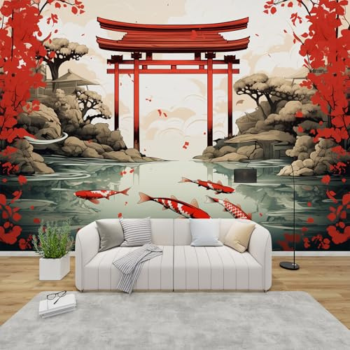 GEDAEUBA Papier Peint Panoramique Style Japonais, Papier Peint Intissé Motif Porte Torii Carpe Koi Fleur de Cerisier, Tapisserie Panoramique Salon, Décoration Murale Chambre, 450x315 cm