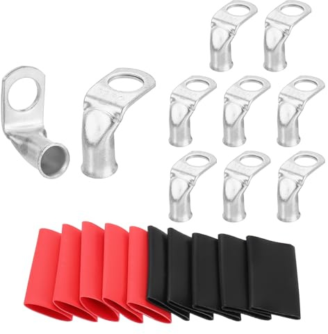 sourcing map 10pcs 4 Awg 90° Bent Copper Lugs Battery Cable Ends, 4 Gauge 3/8 Stud Battery Lugs Ring Terminal Connectors with 10pcs 3:1 Black & Red Heat Shrink Tubing,Silver