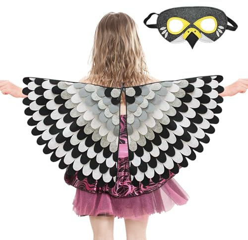 HTTDSLF Disfraz de Alas de Pájaro para Niños, Disfraz de Búho con Máscara de Ojos de Fieltro, Capa de Alas de Búho y Pavo Real, para Fiestas de Halloween, Carnaval y Cosplay