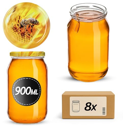 KADAX 8er Set Einmachgläser 900ml TO82 Biene, Große Sturzgläser mit Schraubdeckel, Einkochgläser Fermentierglas für Gurken, Gemüse, Sauerteig