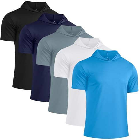 HovSiyla 5 Pack Mens Athletic Dry Fit Hoodie Shirts Workout Casual Sun Protection Hiking Sweatershirt Short Sleeve Sports Gym Tops Black Mid-Gray Navy-Blue White Azure Large