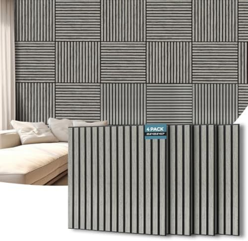AKUMAX 4 Pack Extra Thick Contemporary Acoustic Wood Slat Wall Panels-Ceiling and Sound Absorbing-Fire Retardant & FSC-3D Slat Wall Panelling for Wall-60 * 60cm(Siner Oak)