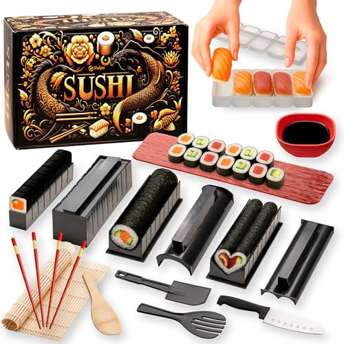 Pukpu Sushi Set zum Selber Machen 15-teilig – Sushi Maker & Sushi Starter Set für Anfänger mit Nigiri Formen, Bambusmatte, Messer, Stäbchen & Anleitung | Komplettes Sushi-Set, 15-teilig