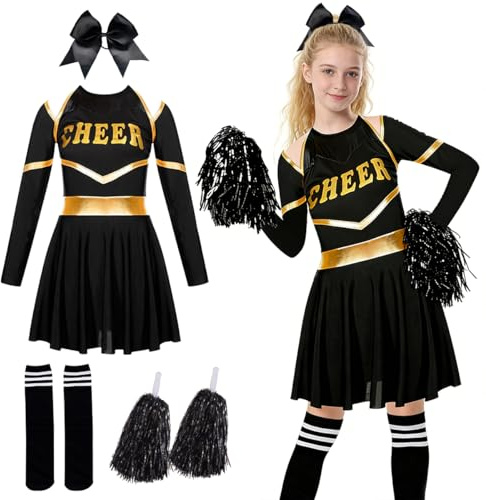 LGZIN Deguisement Pompom Girl Enfant, Uniforme de Pompom Girl Fille avec Pompoms, Couvre-chefs et Chaussettes, Costume Cheerleader Filles Enfant pour Carnaval, Cosplay, Mascarade (120)