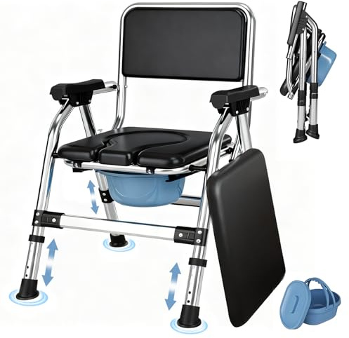 HAIORJUN Silla con Inodoro Plegable, Silla WC Ajustable con Asiento Acolchado, Inodoro Portátil con Cubo Extraíble y Tapa para Dormitorio y Uso en Casa Negro