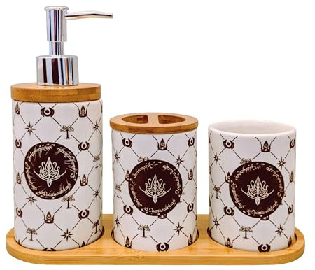 Elbenwald Harry Potter & Le Seigneur des Anneaux - Set de salle de bain 3 pièces - 2 gobelets à brosse à dents avec 1 porte-brosse à dents (amovible) - Distributeur de savon à pompe en bois et