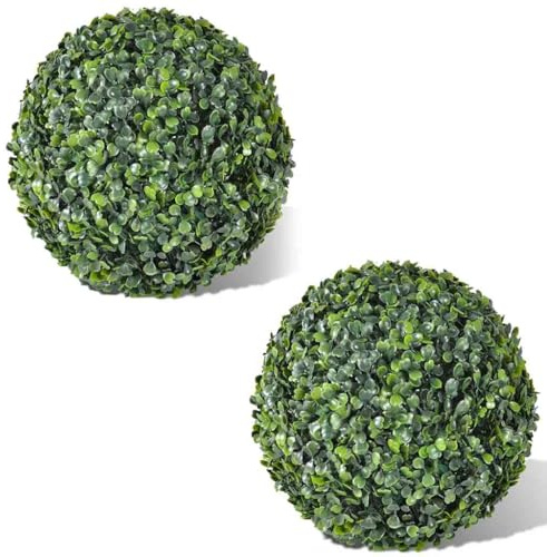 Runheo Planta artificial de boj con forma esférica, 2 unidades de 35 cm, plástico verde, resistente a la intemperie, para interior y exterior, decoración, maceta, balcón, terraza, salón, fácil de
