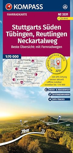 KOMPASS Fahrradkarte 3331 Stuttgarts Süden, Tübingen, Reutlingen, Neckartalweg 1:70.000: reiß- und wetterfest