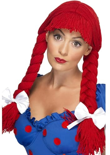 Smiffys Rag Doll Wig, Red Pigtails with a Fringe and Bows, Fairytale, Wings and Wands Fancy Fancy Dress, Adult Dress Up Wigs Halloween