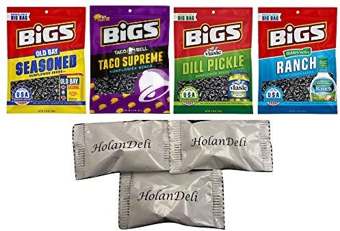 Pack of 14 (4 Flavors) Bigs Sunflower Seed Variety Pack. (Vlasic Dill Pickle, Taco Supreme, Hidden Valley Ranch, Old Bay Seasoned). Includes HolanDeli Mints