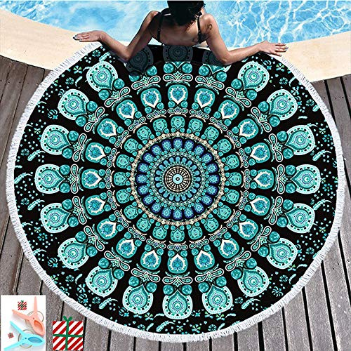 Morbuy Strandtuch Rund 150 Mandala, Handwerk Quaste Mikrofaser Strand Yoga Matten Tragbare Tapestry Überwurf Tischdecke Picknickdecke Badetuch Schal Unisex 2 Clips (150cm,F)